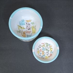 Stoneware Ceramic Cat Print Water and Food Bowl Dishes - NEW